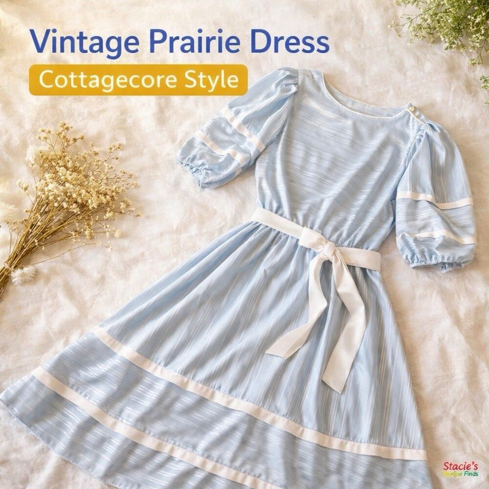 Vintage Just Ducky Blue Prairie Dress Puff Sleeve Belt USA Cottagecore